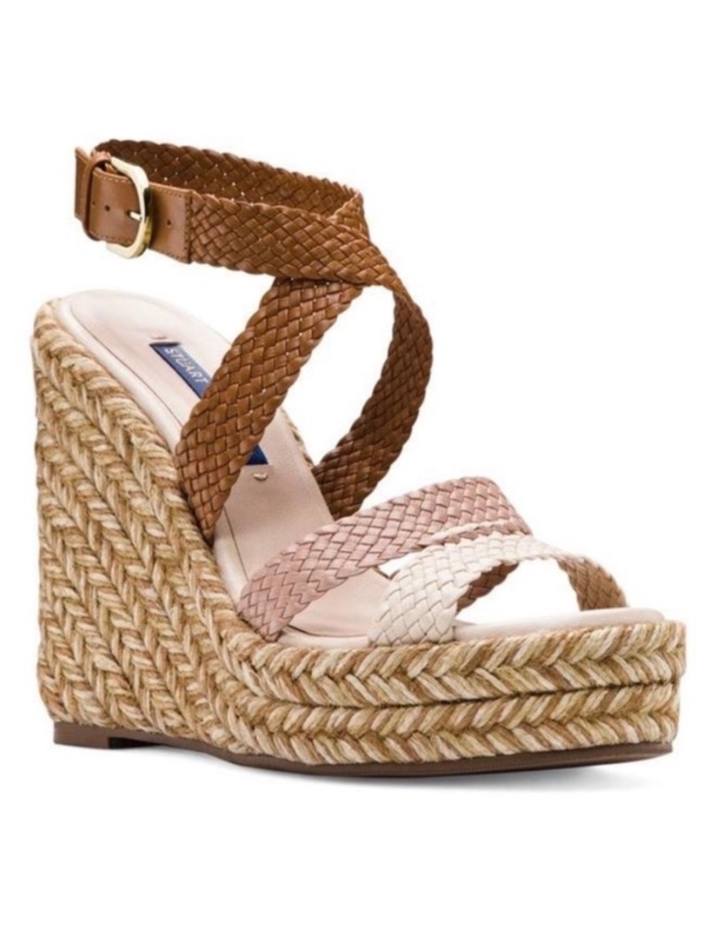 Stuart Weitzman Elise Brown, Tan & Cream Braided Wedge Sandals - Picture 6 of 9